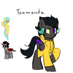 Size: 1400x1400 | Tagged: safe, artist:koteikow, king sombra, sunshower raindrops, oc, oc:tormenta, g4, fusion, raincoat, spanish