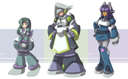 Size: 4800x2966 | Tagged: safe, artist:thegreatrouge, limestone pie, marble pie, maud pie, gynoid, human, robot, g4, armor, clothes, crossover, female, hand on hip, hands together, high res, humanized, mega man (series), megaman x, pie sisters, reploid, siblings, sisters, trio