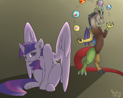 Size: 1500x1200 | Tagged: dead source, safe, artist:poisindoodles, discord, twilight sparkle, alicorn, pony, g4, what about discord?, ball, crying, cutie mark, female, floppy ears, fluffy, frown, grin, juggling, mare, sad, sitting, smirk, twilight sparkle (alicorn), underhoof