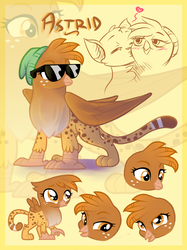 Size: 1024x1371 | Tagged: safe, artist:catnip1996, oc, oc only, oc:astrid, oc:squiggles, griffon, manticore, blushing, heart, kissing, sunglasses, tomboy