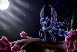 Size: 1200x800 | Tagged: safe, artist:yummiestseven65, princess luna, g4, canterlot, female, looking up, moon, moonlight, night sky, signature, solo, stars, tree, tree branch