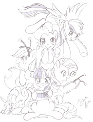 Size: 2494x3260 | Tagged: safe, artist:shinta-girl, angel bunny, applejack, fluttershy, pinkie pie, rainbow dash, rarity, twilight sparkle, g4, gruppe 6, high res, mane six, monochrome