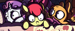 Size: 1263x519 | Tagged: safe, artist:foudubulbe, edit, editor:dsp2003, apple bloom, scootaloo, sweetie belle, crusaders of the lost mark, g4, bloodshot eyes, cutie mark, cutie mark crusaders, depressed, existential crisis, on back, realization, shocked, the cmc's cutie marks, upscaled, wide eyes