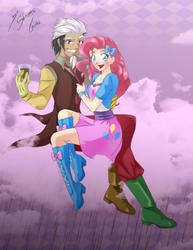 Size: 2153x2786 | Tagged: safe, artist:shinta-girl, discord, pinkie pie, human, g4, balloon, boots, bowtie, chocolate milk, chocolate rain, clothes, couple, equestria girls outfit, female, high heel boots, high res, humanized, male, ship:discopie, shipping, skirt, straight