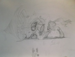 Size: 4288x3216 | Tagged: safe, artist:scribblepwn3, oc, oc only, oc:midnight scribbler, pony, unicorn, action pose, boots, goggles, magic, male, pencil drawing, portal, saddle, saddle bag, solo, traditional art