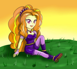 Size: 3896x3507 | Tagged: safe, artist:sumin6301, adagio dazzle, equestria girls, g4, adoragio, amulet, clothes, cute, female, fingerless gloves, gloves, grass, high res, looking at you, necklace, open mouth, pose, sitting, sky, solo, spikes