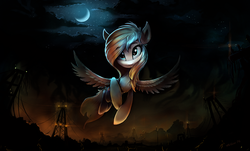 Size: 2589x1568 | Tagged: safe, artist:ramiras, oc, oc only, oc:double star, pegasus, pony, flying, moon, night, power line, solo