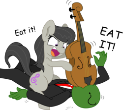 Size: 1024x909 | Tagged: safe, artist:artguydis, artist:midnightblitzz, octavia melody, oc, oc:anon, earth pony, human, pony, g4, angry, cello, clothes, cute, dialogue, duo, female, funny, male, mare, musical instrument, open mouth, simple background, transparent background, vector