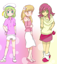 Size: 1840x2066 | Tagged: dead source, safe, artist:applestems, daisy, flower wishes, lily, lily valley, roseluck, human, clothes, female, flower, flower in hair, flower in mouth, flower trio, humanized, looking at you, mouth hold, rose, trio, trio female