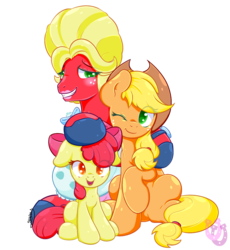 Size: 1087x1180 | Tagged: safe, artist:shadowhulk, apple bloom, applejack, big macintosh, earth pony, pony, brotherhooves social, g4, season 5, apple siblings, applejack's hat, bloomers, brother and sister, clothes, cowboy hat, crossdressing, dress, female, filly, foal, hat, lipstick, looking at you, male, mare, orchard blossom, siblings, simple background, sisters, sitting, stallion, transparent background, wig, wink