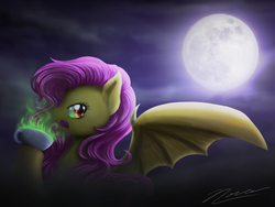 Size: 1024x768 | Tagged: safe, artist:novaintellus, fluttershy, bat pony, pony, g4, female, flutterbat, green tea, moon, solo, tea