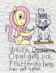 Size: 600x780 | Tagged: safe, artist:fonypan, artist:sweetie belle, fluttershy, opalescence, g4, lined paper, stylistic suck, sweetie's jurnal