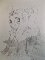 Size: 3216x4288 | Tagged: safe, artist:scribblepwn3, fluttershy, dragonfly, pegasus, pony, g4, crying, element of kindness, female, monochrome, pencil drawing, sad, solo, traditional art, tree stump