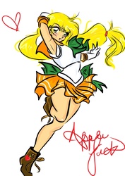 Size: 1240x1754 | Tagged: safe, artist:pixel-chick, applejack, human, g4, armpits, blushing, boots, crossover, female, heart, humanized, peace sign, sailor moon (series), sailor senshi, sailor uniform, simple background, solo, white background