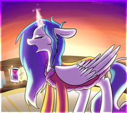 Size: 1024x916 | Tagged: safe, artist:snowolive, princess celestia, g4, clothes, coffee mug, eyes closed, female, floppy ears, magic, morning ponies, robe, solo, sunrise, telekinesis, yawn