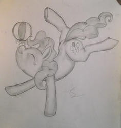 Size: 3216x3404 | Tagged: safe, artist:scribblepwn3, pinkie pie, earth pony, pony, g4, beach ball, element of laughter, female, flexible, high res, monochrome, party pony, pencil drawing, solo, traditional art