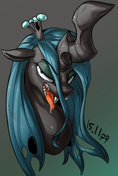 Size: 818x1214 | Tagged: safe, artist:nekubi, queen chrysalis, changeling, changeling queen, g4, bust, crown, drool, fangs, female, gradient background, jewelry, kitchen eyes, open mouth, regalia, solo, tongue out