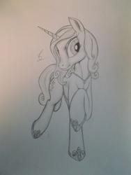 Size: 3216x4288 | Tagged: safe, artist:scribblepwn3, fleur-de-lis, pony, unicorn, g4, female, monochrome, necklace, pencil drawing, princess shoes, solo, traditional art