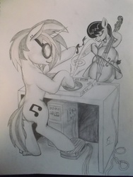 Size: 3216x4288 | Tagged: safe, artist:scribblepwn3, dj pon-3, octavia melody, vinyl scratch, earth pony, pony, unicorn, g4, cello, episode 100, goggles, monochrome, music notes, musical instrument, pencil drawing, sound mixer, traditional art, treble clef, turntable, wub