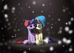 Size: 2800x2000 | Tagged: safe, artist:zigrock, moondancer, twilight sparkle, alicorn, pony, g4, female, glasses, hat, high res, intertwined tails, lesbian, mare, ship:twidancer, shipping, snow, snowfall, toque, twilight sparkle (alicorn)