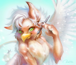 Size: 1400x1200 | Tagged: safe, artist:arinakane, oc, oc only, oc:sunday clarity, griffon, blushing, solo, stylus