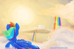 Size: 3000x1962 | Tagged: safe, artist:cluud, rainbow dash, g4, city, cloud, cloudsdale, female, harmony, rainbows, scenery, sky, solo, sunset, twilight (astronomy), waterfall