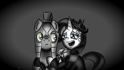 Size: 1366x768 | Tagged: safe, artist:lennonblack, rarity, pegasus, pony, unicorn, g4, rarity investigates, female, grayscale, male, mare, monochrome, neo noir, partial color, royal guard, stallion