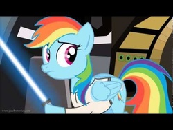 Size: 480x360 | Tagged: safe, artist:jacob kitts, rainbow dash, g4, crossover, female, hoof hold, jedi, lightsaber, luke skywalker, re-enacted by ponies, solo, star wars, star wars: a new hope