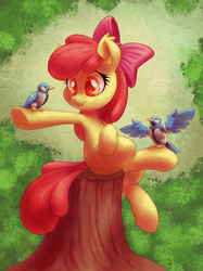 Size: 1124x1500 | Tagged: safe, artist:chromaskunk, artist:dfectivedvice, apple bloom, bird, earth pony, pony, g4, adorabloom, apple bloom's bow, bow, cute, female, filly, hair bow, sitting, smiling, solo, tree stump