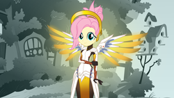 Size: 3840x2160 | Tagged: safe, artist:beavernator, fluttershy, equestria girls, g4, armor, crossover, female, fluttershy's cottage, high res, looking at you, mercy, mercyshy, overwatch, smiling, solo