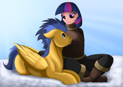 Size: 1600x1131 | Tagged: safe, artist:exelzior, flash sentry, twilight sparkle, human, g4, boots, clothes, female, humanized, male, prone, ship:flashlight, shipping, snow, straight