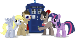 Size: 1255x637 | Tagged: safe, artist:soft-bite, derpy hooves, doctor whooves, eleventh hour, time turner, twilight sparkle, alicorn, earth pony, pony, g4, bowtie, crossover, doctor who, eleventh doctor, female, fez, hat, male, mare, necktie, simple background, stallion, tardis, tenth doctor, the doctor, time travel, timelord ponidox, transparent background, twilight sparkle (alicorn), vector