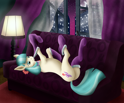 Size: 1500x1250 | Tagged: safe, artist:szafir87, coco pommel, earth pony, pony, g4, clothes, cocobetes, couch, cute, female, lamp, mare, mouth hold, on back, socks, solo
