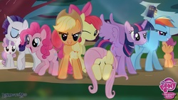 Size: 1192x670 | Tagged: safe, artist:soft-bite, apple bloom, applejack, derpy hooves, doctor whooves, fluttershy, pinkie pie, rainbow dash, rarity, scootaloo, sweetie belle, time turner, twilight sparkle, alicorn, pony, g4, cutie mark crusaders, female, mare, my little pony logo, tardis, twilight sparkle (alicorn), wallpaper