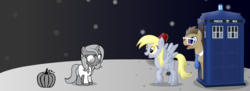 Size: 1100x400 | Tagged: safe, artist:soft-bite, derpy hooves, doctor whooves, princess luna, time turner, alicorn, earth pony, pegasus, moonstuck, absolutely nothing else, female, filly, food, male, mare, moon, pumpkin, science woona, stallion, tardis, the doctor, time travel, what pumpkin?, woona