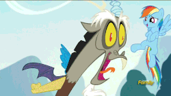 Size: 1280x720 | Tagged: safe, screencap, discord, rainbow dash, g4, what about discord?, animated, crazy face, discovery family, discovery family logo, faic, flying, laughing, nightmare fuel