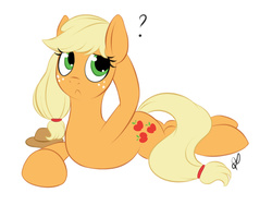 Size: 861x646 | Tagged: safe, artist:divlight, applejack, g4, female, hatless, missing accessory, prone, simple background, solo