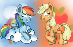 Size: 1024x656 | Tagged: safe, artist:theartistsora, applejack, rainbow dash, g4, cloud