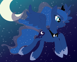 Size: 1024x837 | Tagged: dead source, safe, artist:dr-whiskey, princess luna, g4, female, flying, moon, night, solo, stars