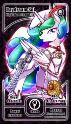 Size: 800x1399 | Tagged: safe, artist:vavacung, princess celestia, alicorn, pony, g4, alicorn oc, female, pactio card, solo, weapon