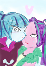 Size: 2480x3507 | Tagged: safe, artist:amazingpuffhair, aria blaze, sonata dusk, equestria girls, g4, blushing, female, heart, high res, lesbian, selfie, ship:arisona, shipping, sweatdrop