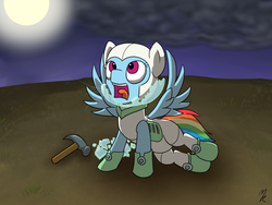 Size: 1024x768 | Tagged: safe, artist:mkogwheel, part of a set, rainbow dash, g4, scare master, astrodash, astronaut, broken glass, clothes, costume, deep breath, female, hammer, moon, nightmare night costume, solo, spacesuit