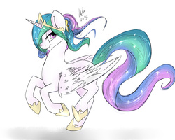 Size: 1280x1024 | Tagged: safe, artist:korashy, princess celestia, alicorn, pony, g4, female, running, simple background, smiling, solo