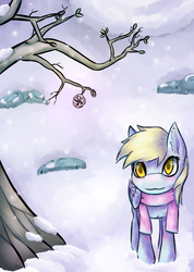 Size: 1140x1600 | Tagged: safe, artist:glazly042, derpy hooves, pegasus, pony, g4, clothes, ear fluff, female, mare, scarf, snow, snowfall, solo