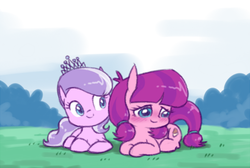 Size: 562x378 | Tagged: safe, artist:raridashdoodles, diamond tiara, lily longsocks, earth pony, pony, g4, adorasocks, blushing, cute, diamondbetes, female, filly, grass, implied lesbian, lilydorable, prone, smiling