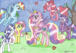 Size: 1024x713 | Tagged: safe, artist:florie-primrose, fluttershy, pinkie pie, princess cadance, rainbow dash, rarity, twilight sparkle, alicorn, pony, g4, my little pony: friendship is magic, the one where pinkie pie knows, female, mare, traditional art, twilight sparkle (alicorn)