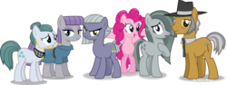 Size: 5606x2115 | Tagged: safe, artist:vector-brony, cloudy quartz, igneous rock pie, limestone pie, marble pie, maud pie, pinkie pie, earth pony, pony, g4, hearthbreakers, clothes, family, glasses, group, hair over one eye, hat, high res, inkscape, looking at you, necktie, open mouth, pie family, pie sisters, pinkie pie's parents, ship:quartzrock, siblings, signature, simple background, sisters, smiling, transparent background, vector