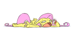 Size: 577x237 | Tagged: safe, artist:raridashdoodles, fluttershy, g4, fan, female, hot, lying down, overheated, prone, solo, sploot, sweat