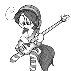 Size: 1000x1000 | Tagged: safe, artist:whydomenhavenipples, oc, oc only, oc:mal, bass guitar, clothes, grayscale, guitar, hat, monochrome, musical instrument, socks, solo, striped socks