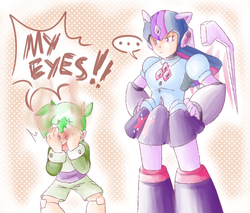 Size: 3200x2720 | Tagged: safe, artist:thegreatrouge, spike, twilight sparkle, android, gynoid, robot, equestria girls, g4, what about discord?, ..., armor, capcom, clothes, crossover, equestria girls interpretation, female, high res, human spike, humanized, mega man (series), megaman x, my eyes, pleated skirt, reploid, scene interpretation, shorts, skirt, speech bubble, talking
